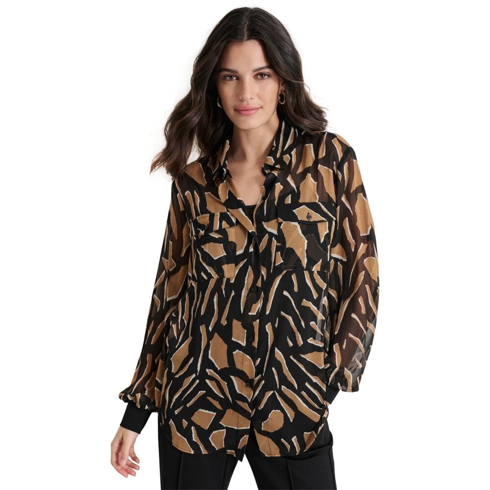 DKNY Women's Printed Button-Front Long-Sleeve Shirt Back Size Xs 1765